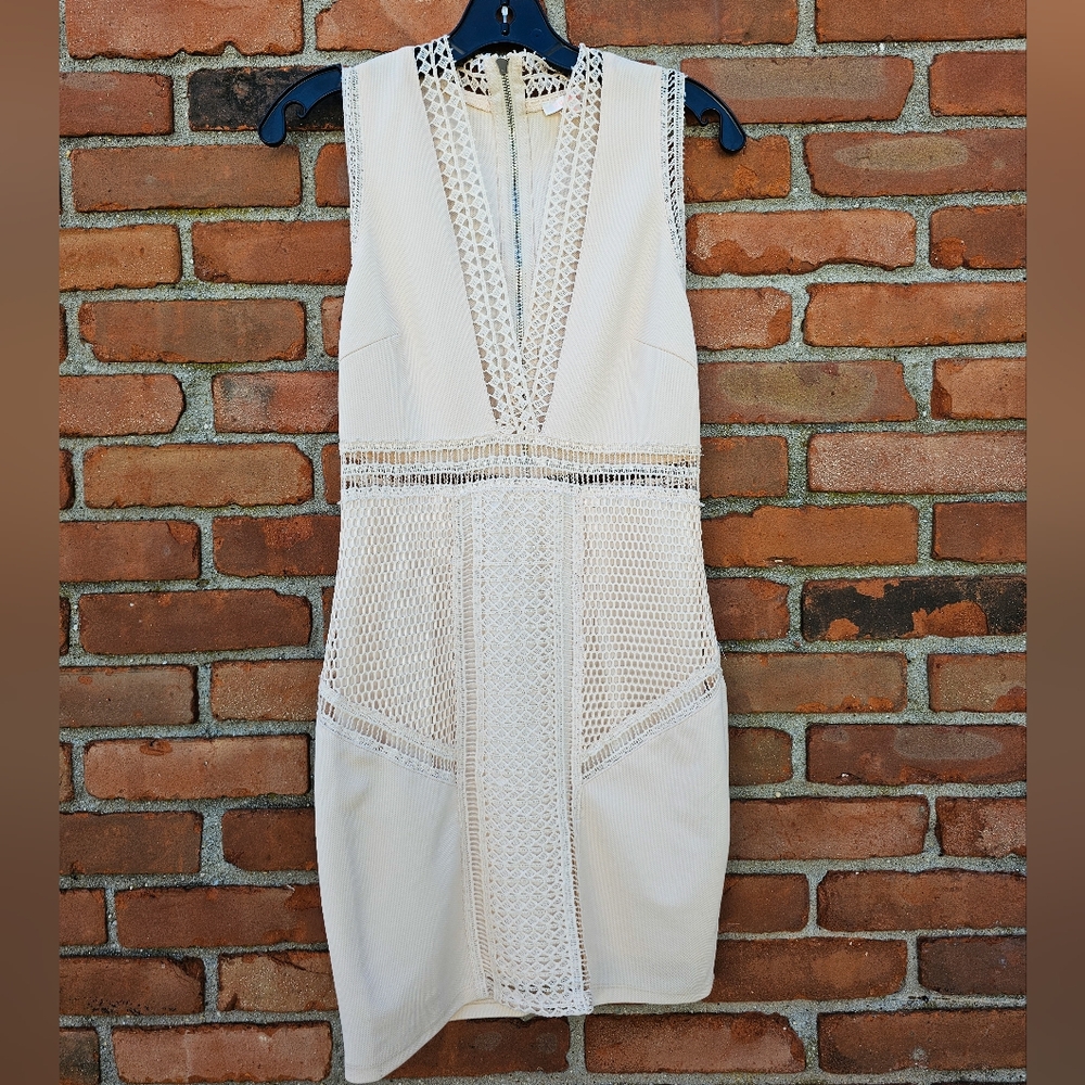 NEW Luxxel Beige Mesh Panel Plunge V-Neck Bodycon Mini Dress - Size Small